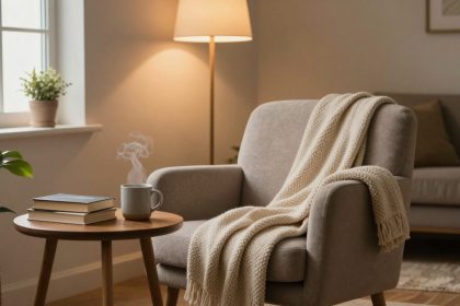 A cozy living room with a gray armchair draped with a cream knit blanket. A wooden side table holds a steaming mug and two books. A floor lamp softly illuminates the scene, and potted plants add greenery.