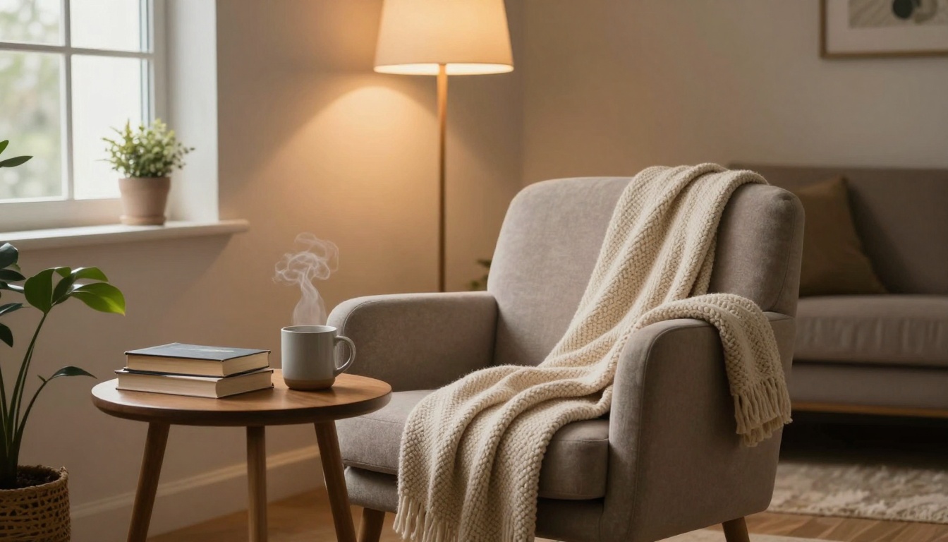 A cozy living room with a gray armchair draped with a cream knit blanket. A wooden side table holds a steaming mug and two books. A floor lamp softly illuminates the scene, and potted plants add greenery.