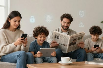 A family of four sitting on a couch, engaged with devices. The woman on the left uses a smartphone, the boy next to her holds a tablet, the man reads a newspaper, and the boy on the right uses a smartphone. A coffee cup is on the table. Light icons are overlaid in the background.