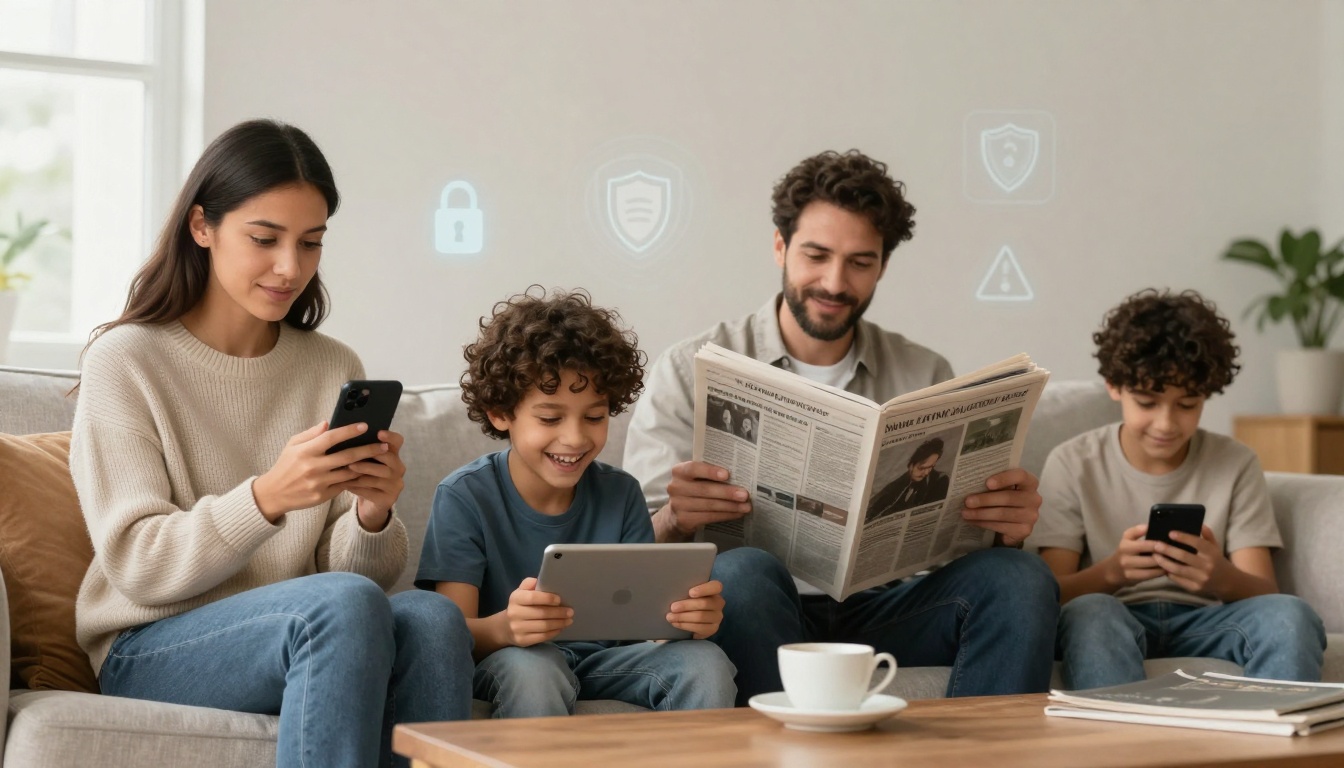 A family of four sitting on a couch, engaged with devices. The woman on the left uses a smartphone, the boy next to her holds a tablet, the man reads a newspaper, and the boy on the right uses a smartphone. A coffee cup is on the table. Light icons are overlaid in the background.