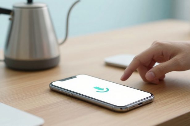 A hand reaches towards a smartphone with a white screen displaying a green arrow. A silver kettle is in the background on the wooden table.