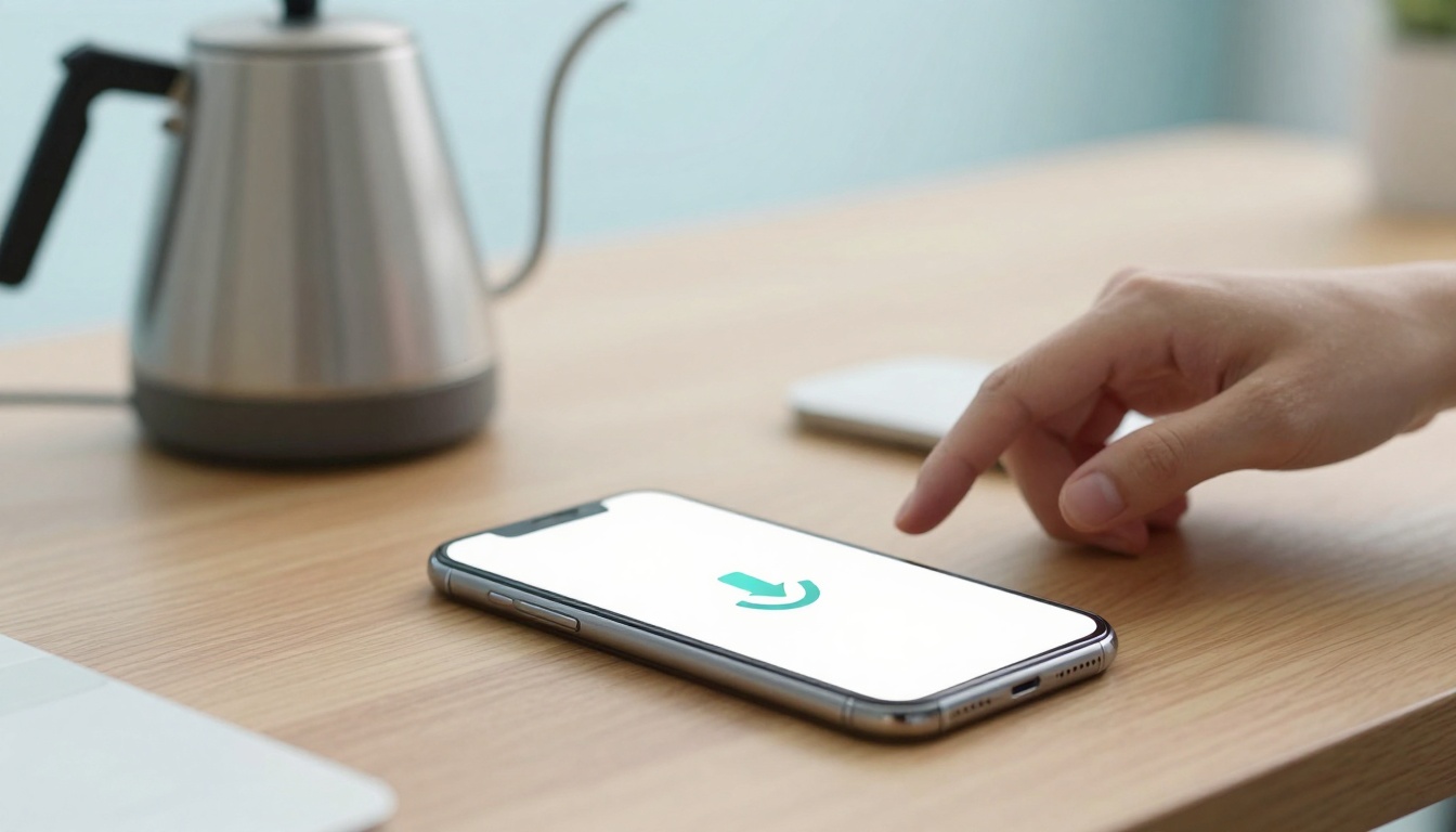A hand reaches towards a smartphone with a white screen displaying a green arrow. A silver kettle is in the background on the wooden table.