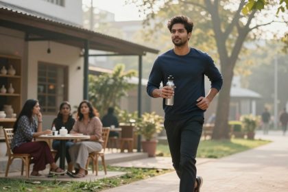 A man in a blue sweater jogs on a path holding a silver water bottle. In the background, three women sit at an outdoor cafe table, with pottery displayed on shelves nearby. The scene is set in a green, sunlit park area.