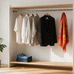 A minimalist open wardrobe with four white shirts, a black blazer, and an orange patterned scarf on hangers. Below, three folded jeans are stacked. A potted plant sits nearby, and sunlight streams through a window.