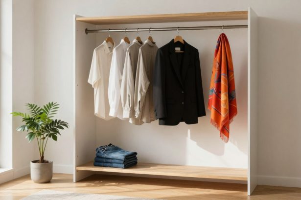 A minimalist open wardrobe with four white shirts, a black blazer, and an orange patterned scarf on hangers. Below, three folded jeans are stacked. A potted plant sits nearby, and sunlight streams through a window.