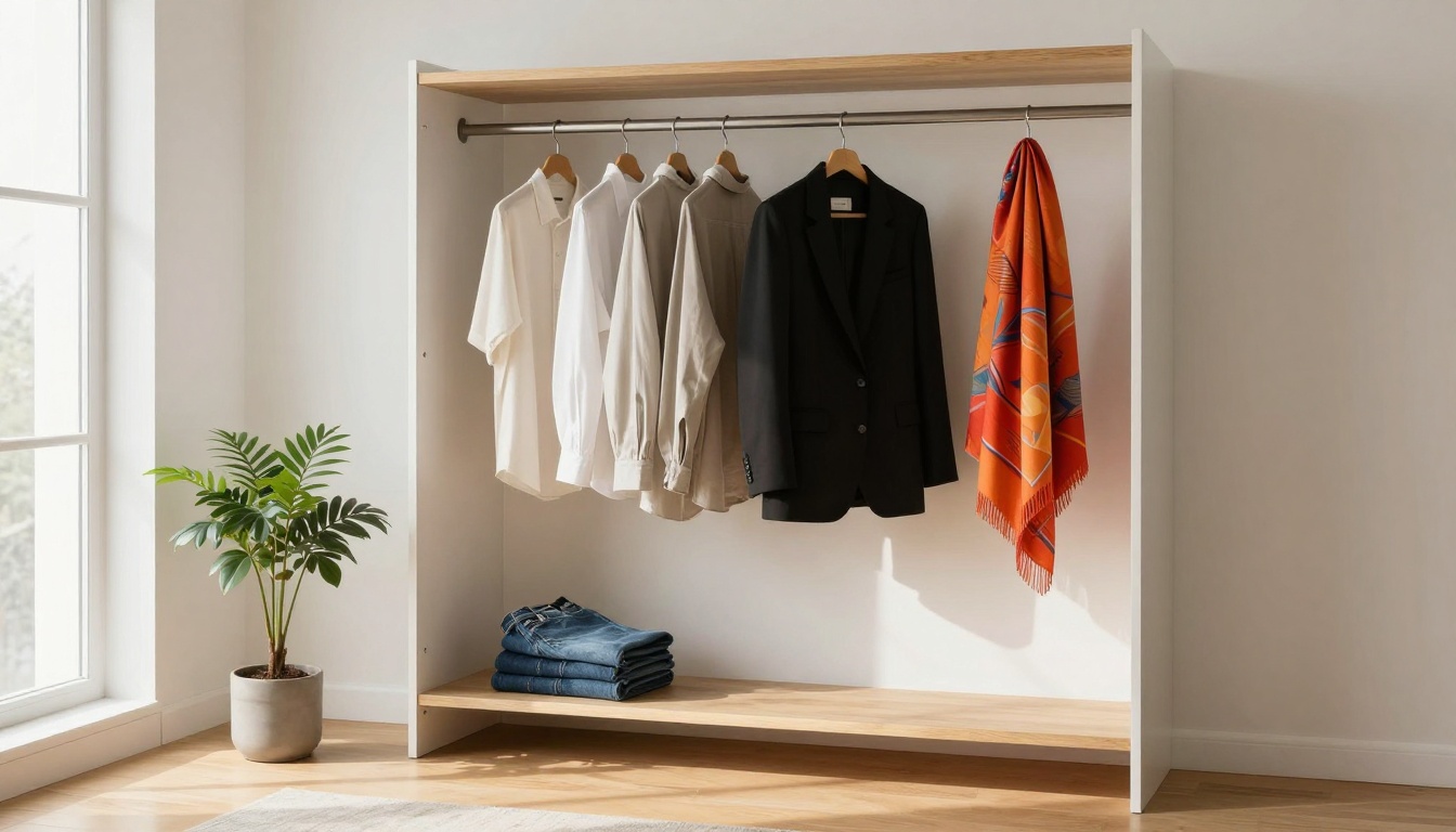 A minimalist open wardrobe with four white shirts, a black blazer, and an orange patterned scarf on hangers. Below, three folded jeans are stacked. A potted plant sits nearby, and sunlight streams through a window.