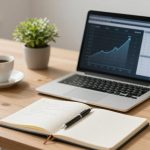A wooden desk with a laptop displaying a rising graph, an open notebook with a pen, two cups of coffee, and a small potted plant.