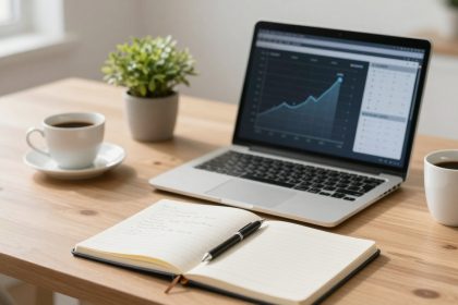 A wooden desk with a laptop displaying a rising graph, an open notebook with a pen, two cups of coffee, and a small potted plant.