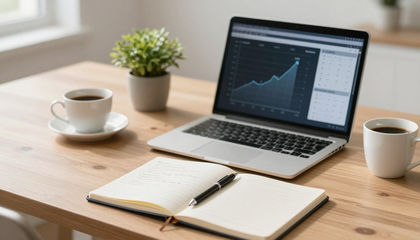 A wooden desk with a laptop displaying a rising graph, an open notebook with a pen, two cups of coffee, and a small potted plant.