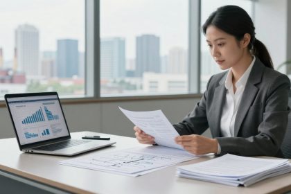 A woman in a gray suit reviews documents at a desk with a laptop displaying graphs. Office setting with large windows and city view.