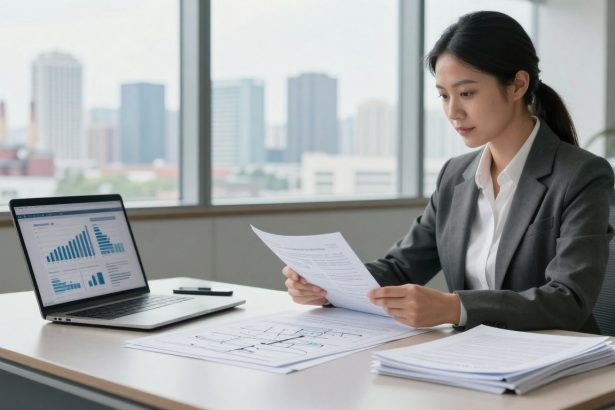 A woman in a gray suit reviews documents at a desk with a laptop displaying graphs. Office setting with large windows and city view.