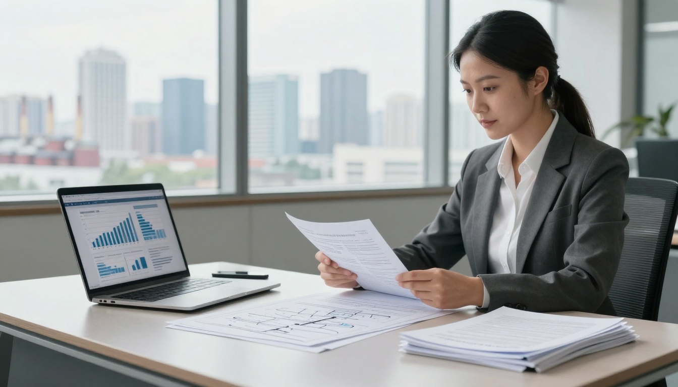 A woman in a gray suit reviews documents at a desk with a laptop displaying graphs. Office setting with large windows and city view.