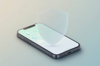 A smartphone displaying app icons on its screen with a translucent shield hovering above, symbolizing security or protection.