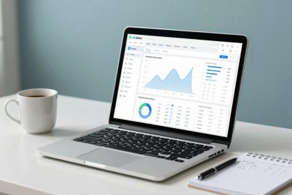 A laptop on a white desk displays graphs and charts on its screen. A white coffee mug and a notepad with a pen are beside it. The background is a light blue wall.