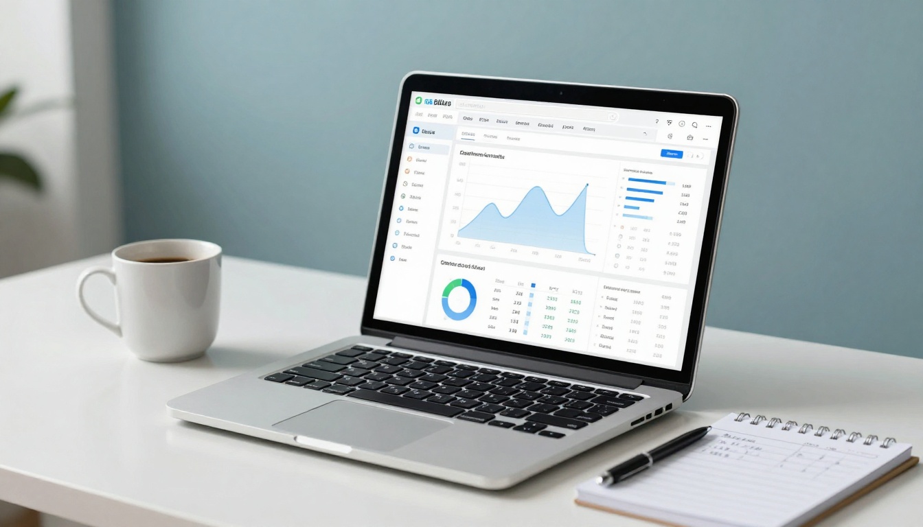 A laptop on a white desk displays graphs and charts on its screen. A white coffee mug and a notepad with a pen are beside it. The background is a light blue wall.