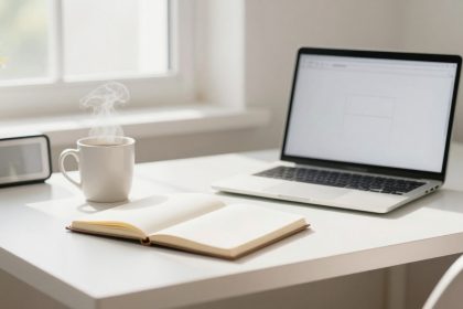 A white desk with an open laptop, a steaming coffee mug, an open notebook, a digital clock, and a small plant near a window.