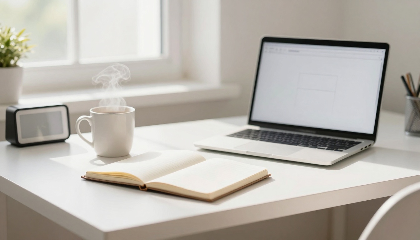 A white desk with an open laptop, a steaming coffee mug, an open notebook, a digital clock, and a small plant near a window.