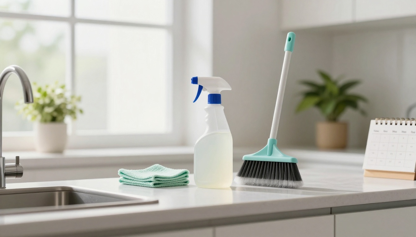 A kitchen countertop with a spray bottle, a broom, and folded green cloths. A plant and calendar are in the background near a window.