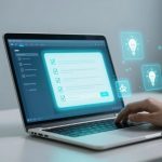 A person uses a laptop displaying a digital checklist interface. Floating icons of light bulbs and circuit patterns are visible on the screen.