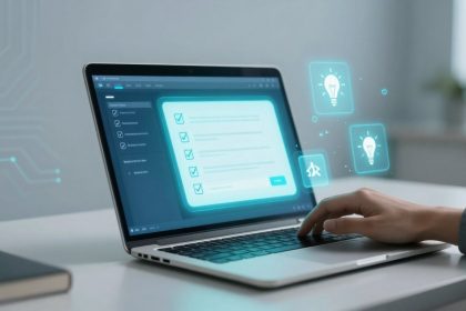 A person uses a laptop displaying a digital checklist interface. Floating icons of light bulbs and circuit patterns are visible on the screen.