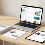 A wooden desk with an open laptop displaying a website, an open book, a printed document, a tablet, and a cup of coffee.