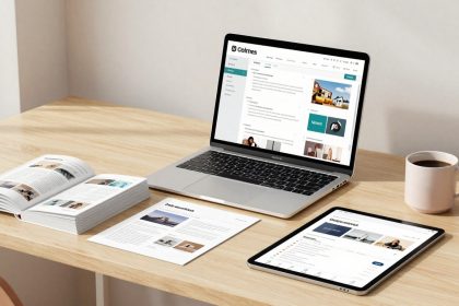 A wooden desk with an open laptop displaying a website, an open book, a printed document, a tablet, and a cup of coffee.