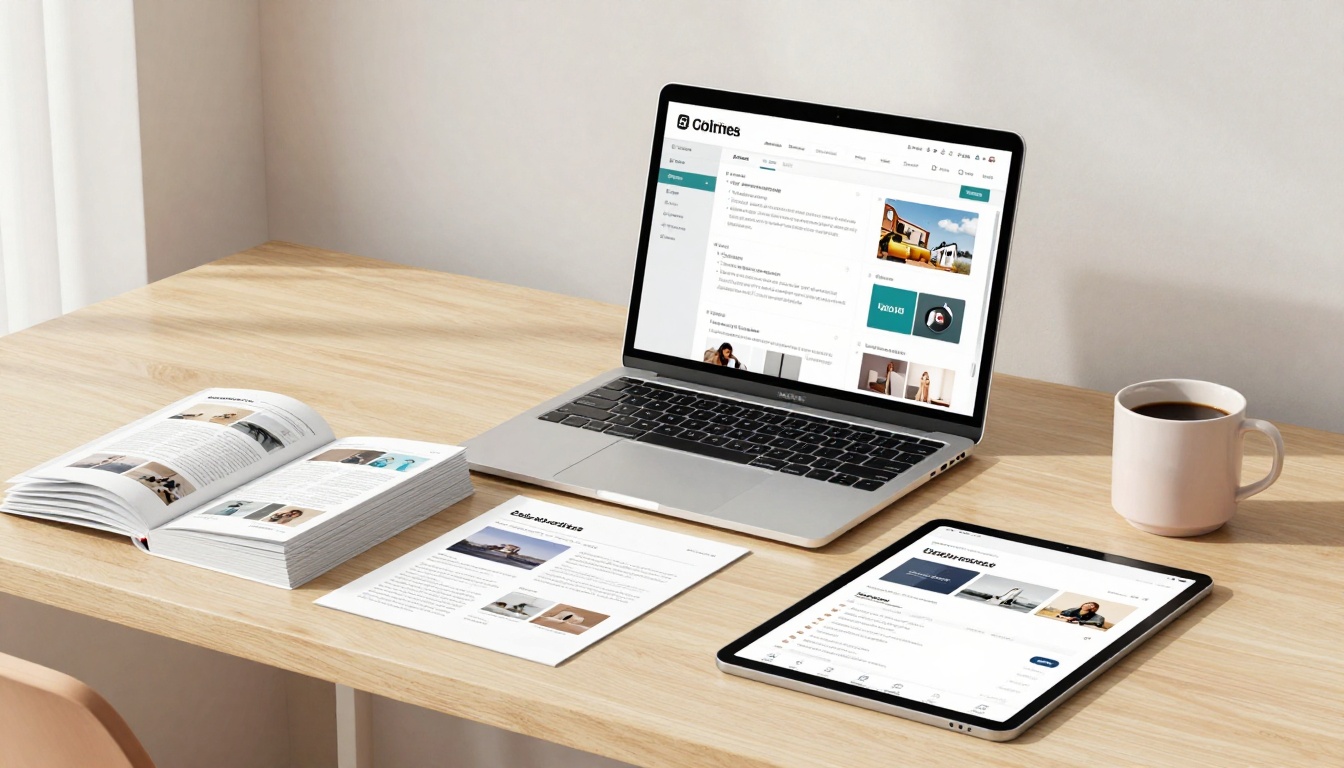 A wooden desk with an open laptop displaying a website, an open book, a printed document, a tablet, and a cup of coffee.