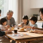 A family of six sits around a wooden table enjoying breakfast. Three children and three adults are smiling and eating pancakes. Steam rises from mugs on the table, and the kitchen is visible in the background. Natural light streams in through a window.