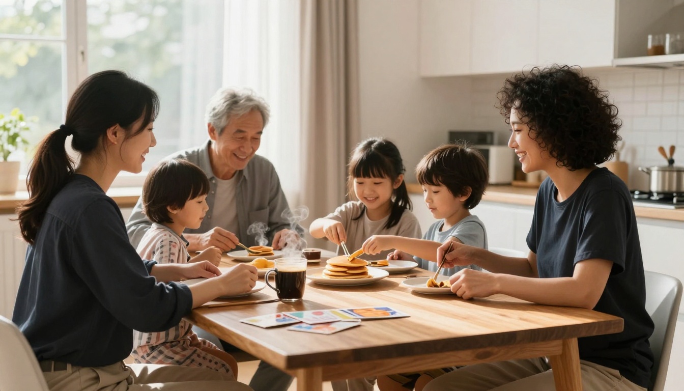 A family of six sits around a wooden table enjoying breakfast. Three children and three adults are smiling and eating pancakes. Steam rises from mugs on the table, and the kitchen is visible in the background. Natural light streams in through a window.