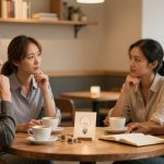 Four people sit around a wooden table in a café, engaged in conversation. Each has a coffee cup, and there are coins and a card with a lightbulb illustration on the table. Shelves with books and plants are in the background.