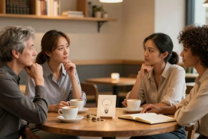 Four people sit around a wooden table in a café, engaged in conversation. Each has a coffee cup, and there are coins and a card with a lightbulb illustration on the table. Shelves with books and plants are in the background.