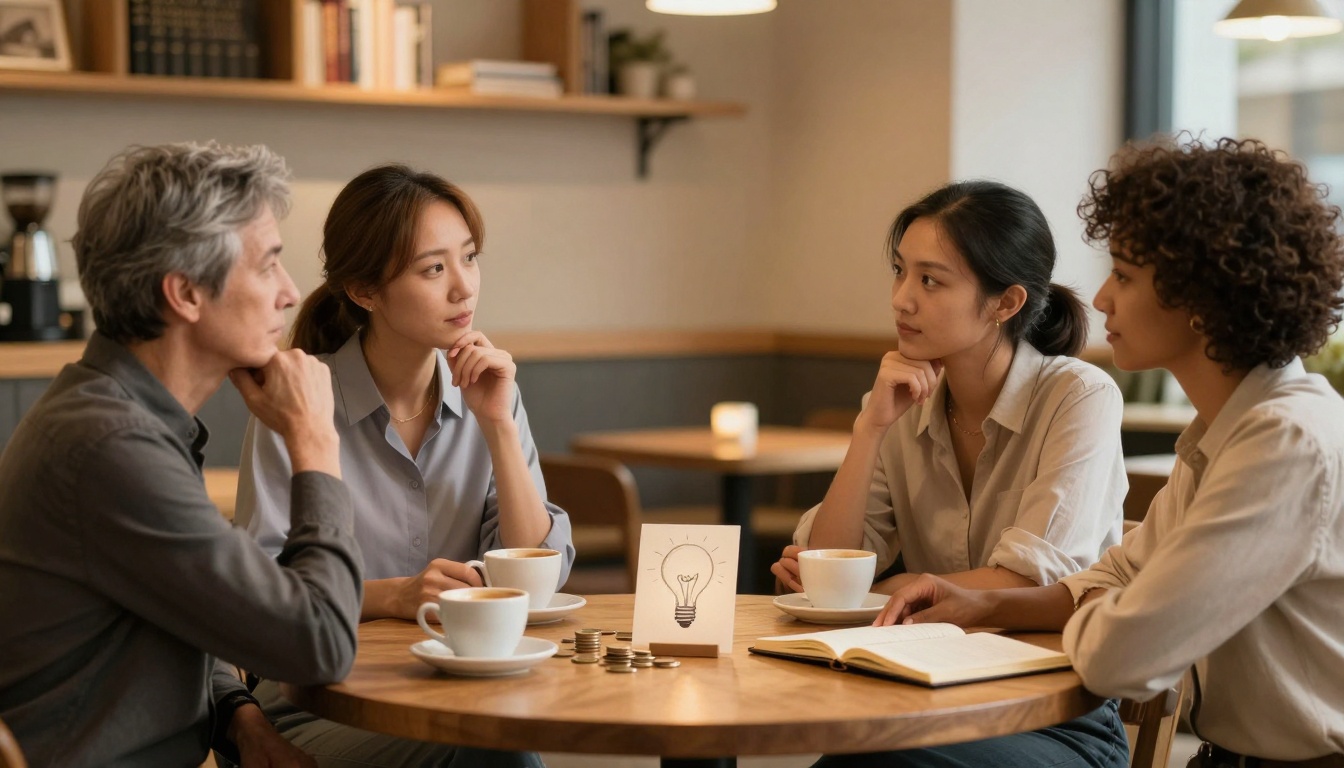 Four people sit around a wooden table in a café, engaged in conversation. Each has a coffee cup, and there are coins and a card with a lightbulb illustration on the table. Shelves with books and plants are in the background.