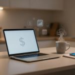 A laptop displaying a dollar sign sits on a kitchen counter. Nearby are a steaming coffee mug, a smartphone, and a notepad. The background shows a modern kitchen with soft lighting. Floating icons above the laptop represent finance and scheduling.