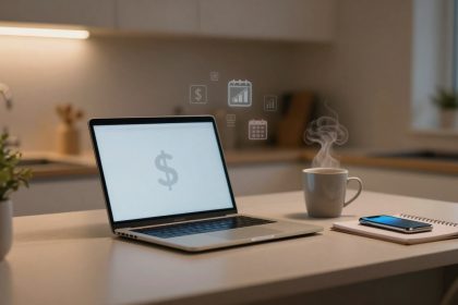 A laptop displaying a dollar sign sits on a kitchen counter. Nearby are a steaming coffee mug, a smartphone, and a notepad. The background shows a modern kitchen with soft lighting. Floating icons above the laptop represent finance and scheduling.