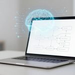 A laptop on a white desk displays a flowchart. A digital brain hologram hovers above the screen, with lines suggesting connectivity.