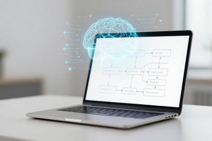 A laptop on a white desk displays a flowchart. A digital brain hologram hovers above the screen, with lines suggesting connectivity.