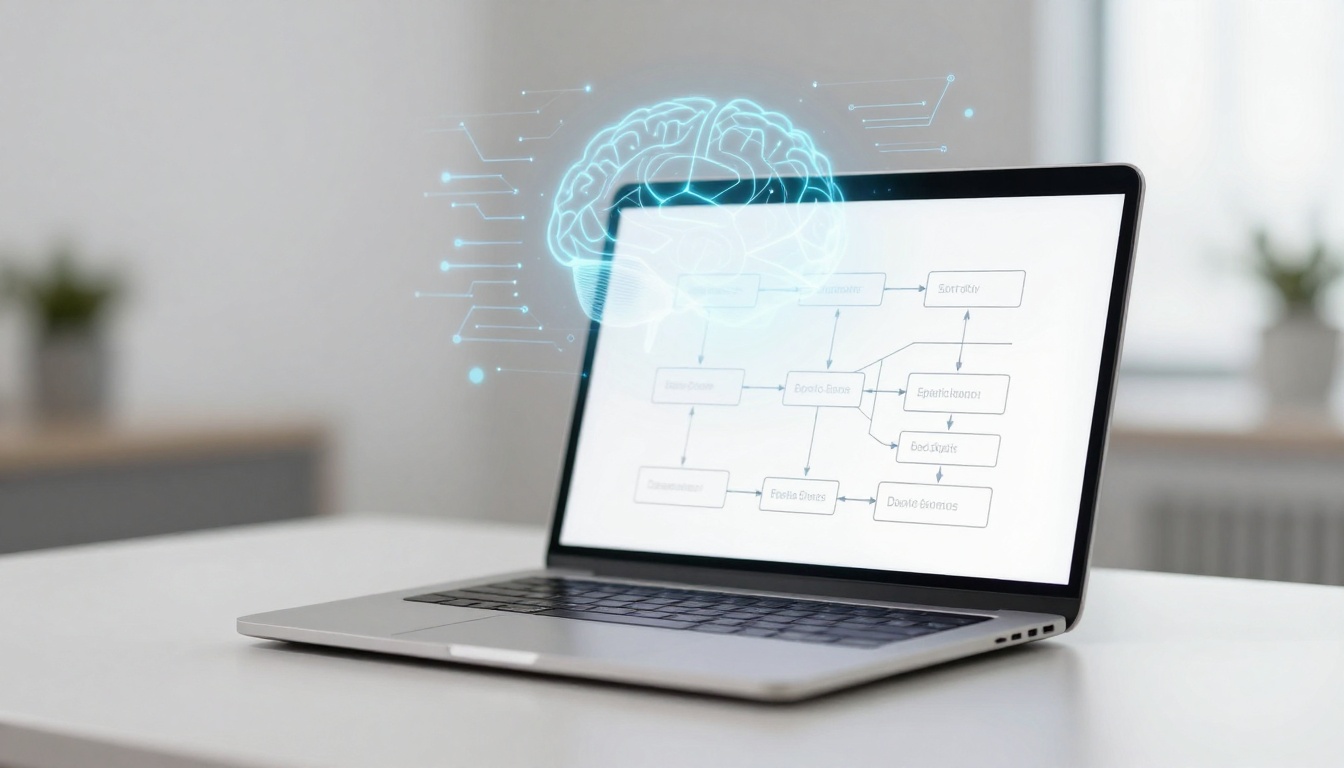 A laptop on a white desk displays a flowchart. A digital brain hologram hovers above the screen, with lines suggesting connectivity.