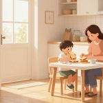 A mother and child sit at a kitchen table eating sandwiches. The room is warmly lit, with a shoe rack and framed art near a door.