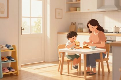 A mother and child sit at a kitchen table eating sandwiches. The room is warmly lit, with a shoe rack and framed art near a door.
