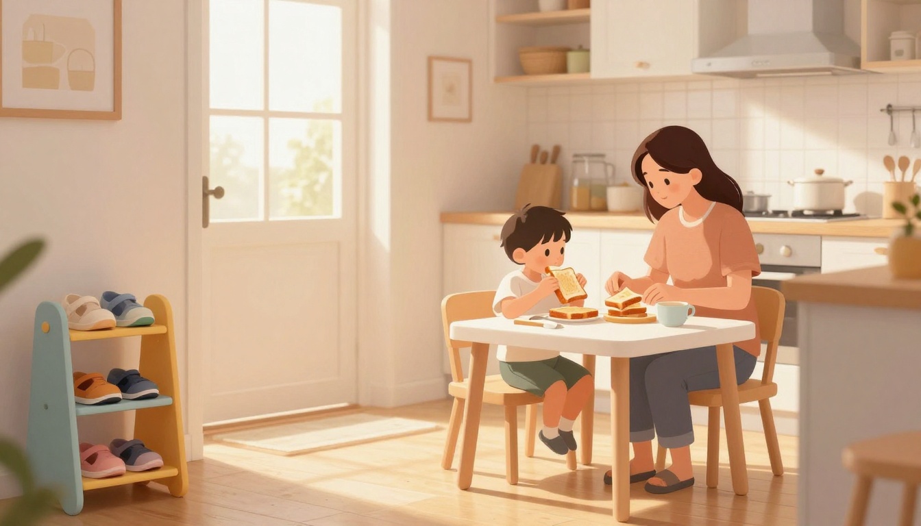 A mother and child sit at a kitchen table eating sandwiches. The room is warmly lit, with a shoe rack and framed art near a door.