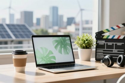 A laptop displaying green leaf graphics sits on a wooden desk with a potted plant, headphones, a clapperboard, and a coffee cup. Solar panels and city buildings are visible through the window.