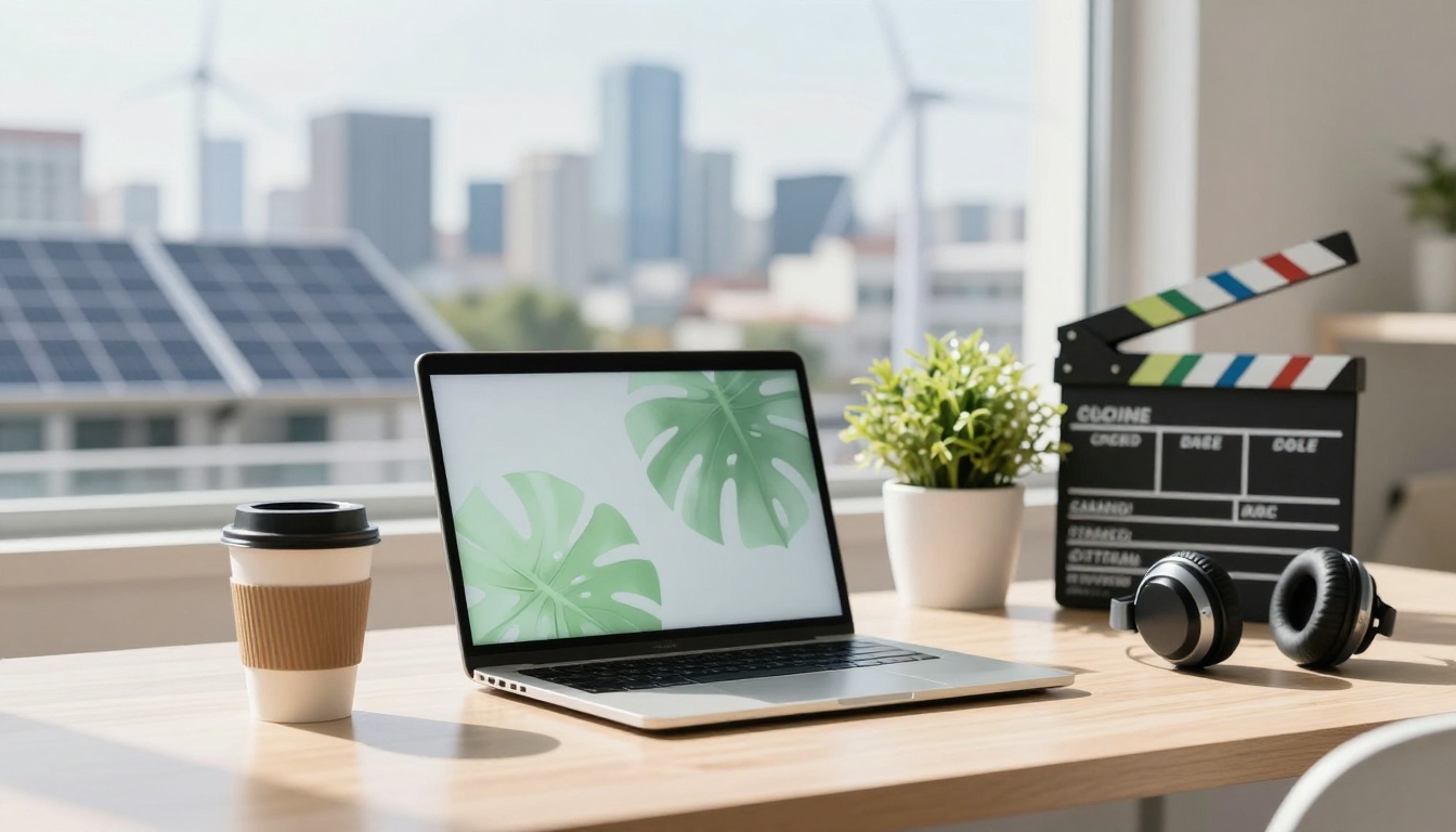 A laptop displaying green leaf graphics sits on a wooden desk with a potted plant, headphones, a clapperboard, and a coffee cup. Solar panels and city buildings are visible through the window.
