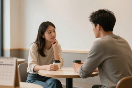 A woman and a man sit at a round table in a cafe, holding disposable coffee cups. The woman rests her chin on her hand, attentively listening. A calendar is visible on the table.