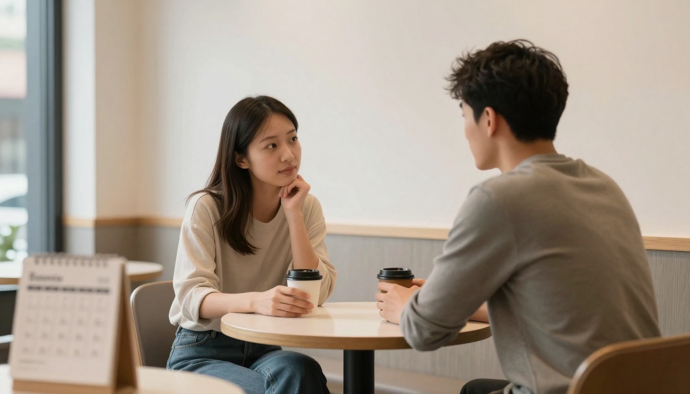 A woman and a man sit at a round table in a cafe, holding disposable coffee cups. The woman rests her chin on her hand, attentively listening. A calendar is visible on the table.
