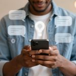 A person in a denim jacket using a smartphone, with illustrated chat bubbles and a lightbulb above the device, suggesting communication or brainstorming.