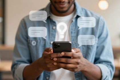 A person in a denim jacket using a smartphone, with illustrated chat bubbles and a lightbulb above the device, suggesting communication or brainstorming.