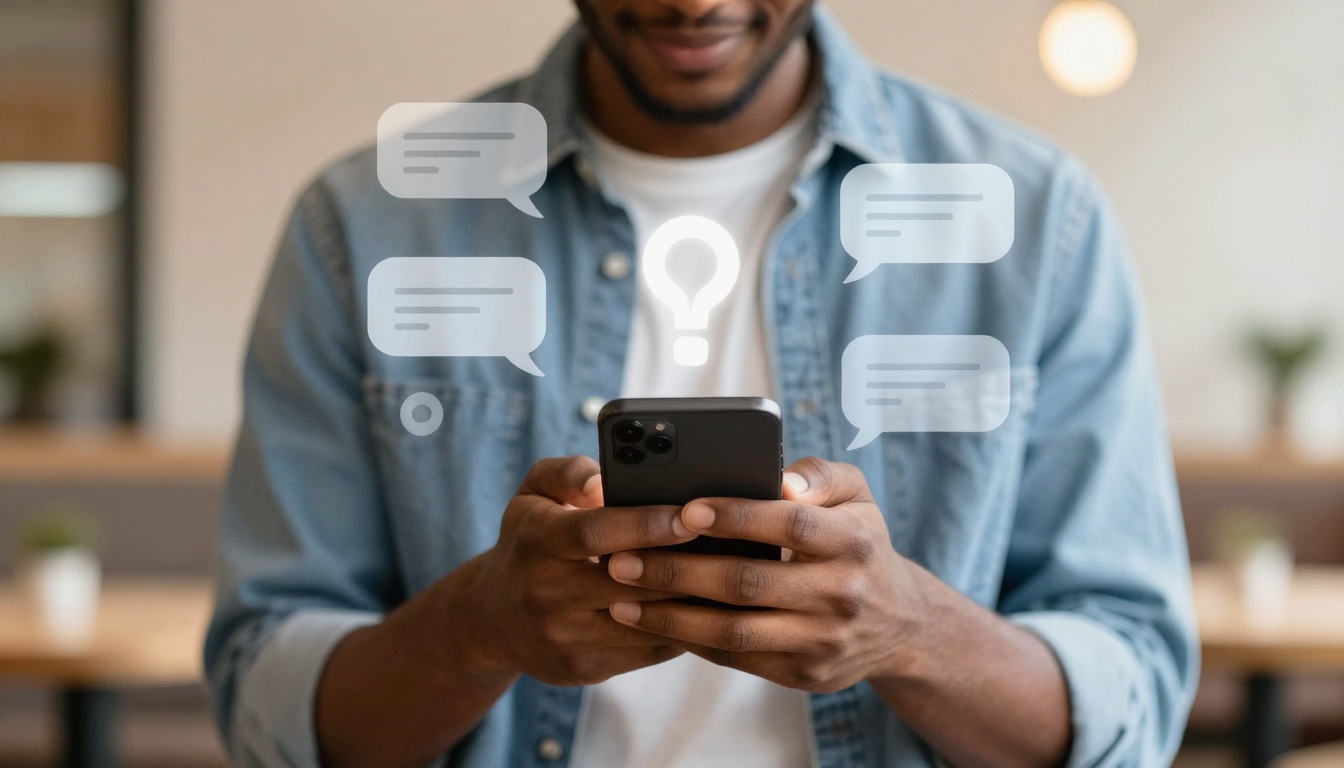 A person in a denim jacket using a smartphone, with illustrated chat bubbles and a lightbulb above the device, suggesting communication or brainstorming.