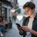 A young man in a dark shirt uses a smartphone on a city street. A glowing heart symbol is visible near him. People sit at an outdoor café in the background.