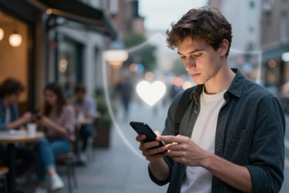 A young man in a dark shirt uses a smartphone on a city street. A glowing heart symbol is visible near him. People sit at an outdoor café in the background.