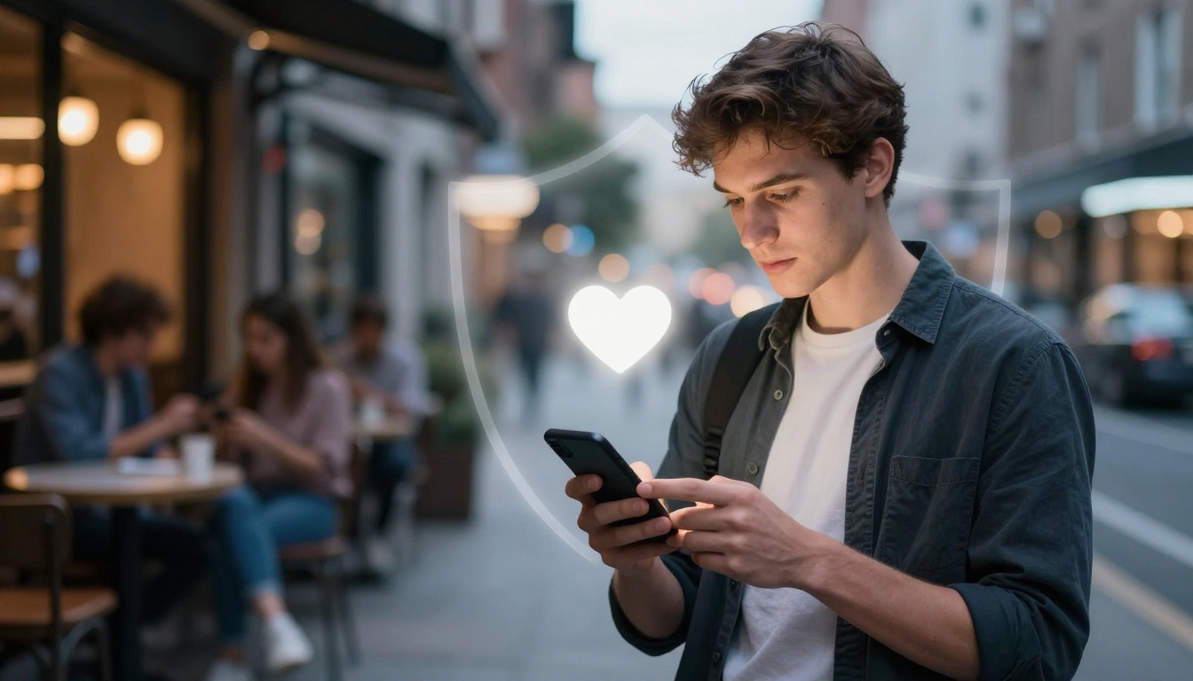 A young man in a dark shirt uses a smartphone on a city street. A glowing heart symbol is visible near him. People sit at an outdoor café in the background.